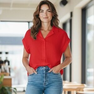 NEW Madewell Resort-Collar Shirt in 100% Linen Red Cap Sleeve Button Up Top XS